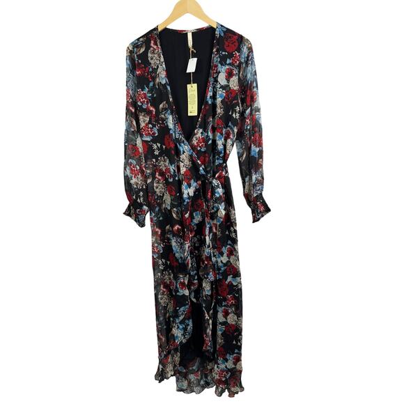 Elan Floral Wrap Long Sleeve Romantic V-Neck Maxi Dress Size L NWT - Picture 1 of 11